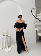 Pearl Embellished Off-Shoulder Maxi Dress - Black - Mirelline Store