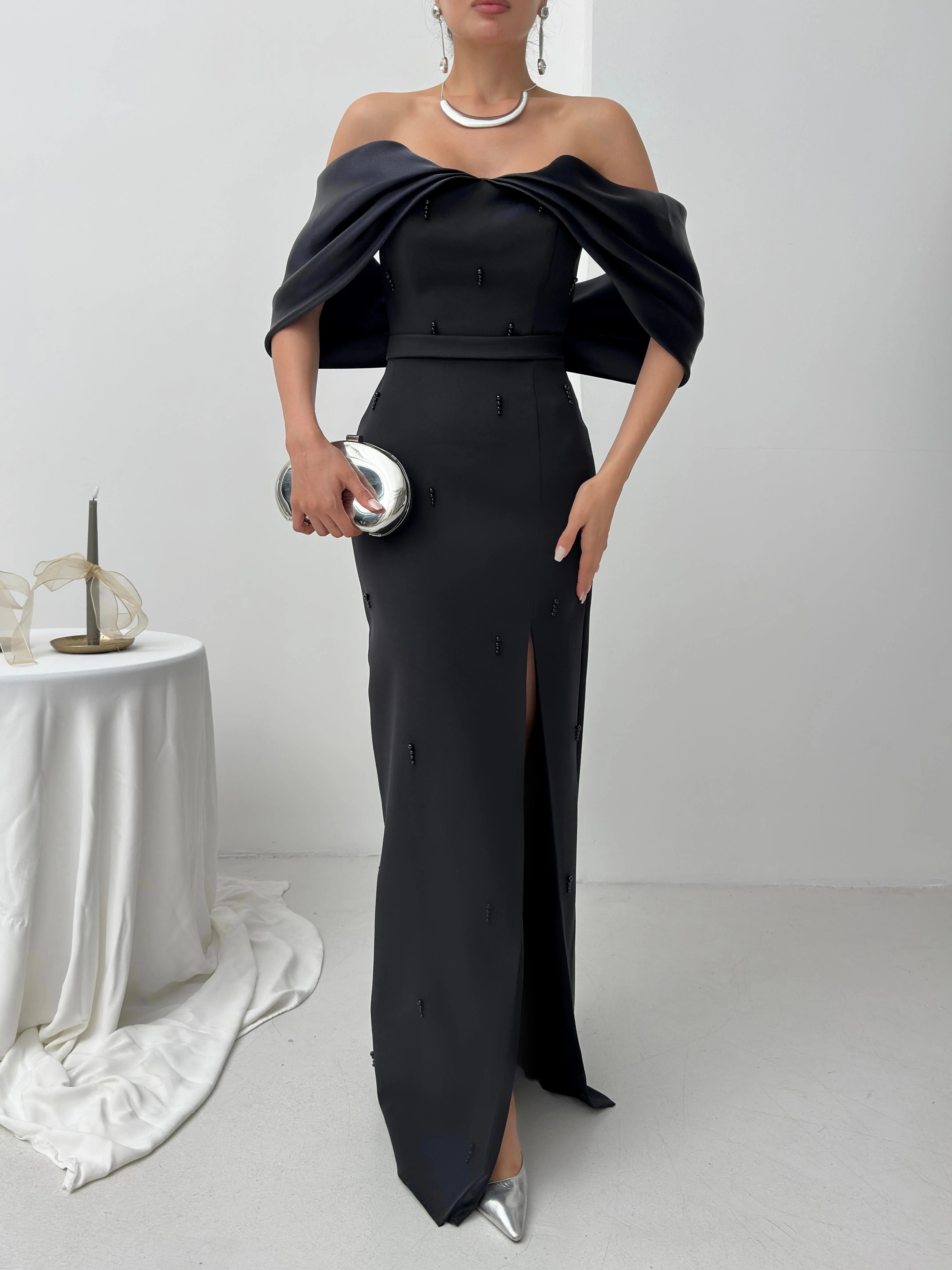Pearl Embellished Off-Shoulder Maxi Dress - Black - Mirelline Store