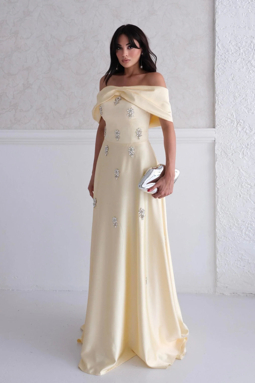 Satin Off-Shoulder Embellished Maxi Dress - Yellow - Mirelline Store