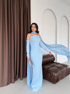 Pearl Embellished Scarf Sleeve Maxi Dress - Baby Blue - Mirelline Store