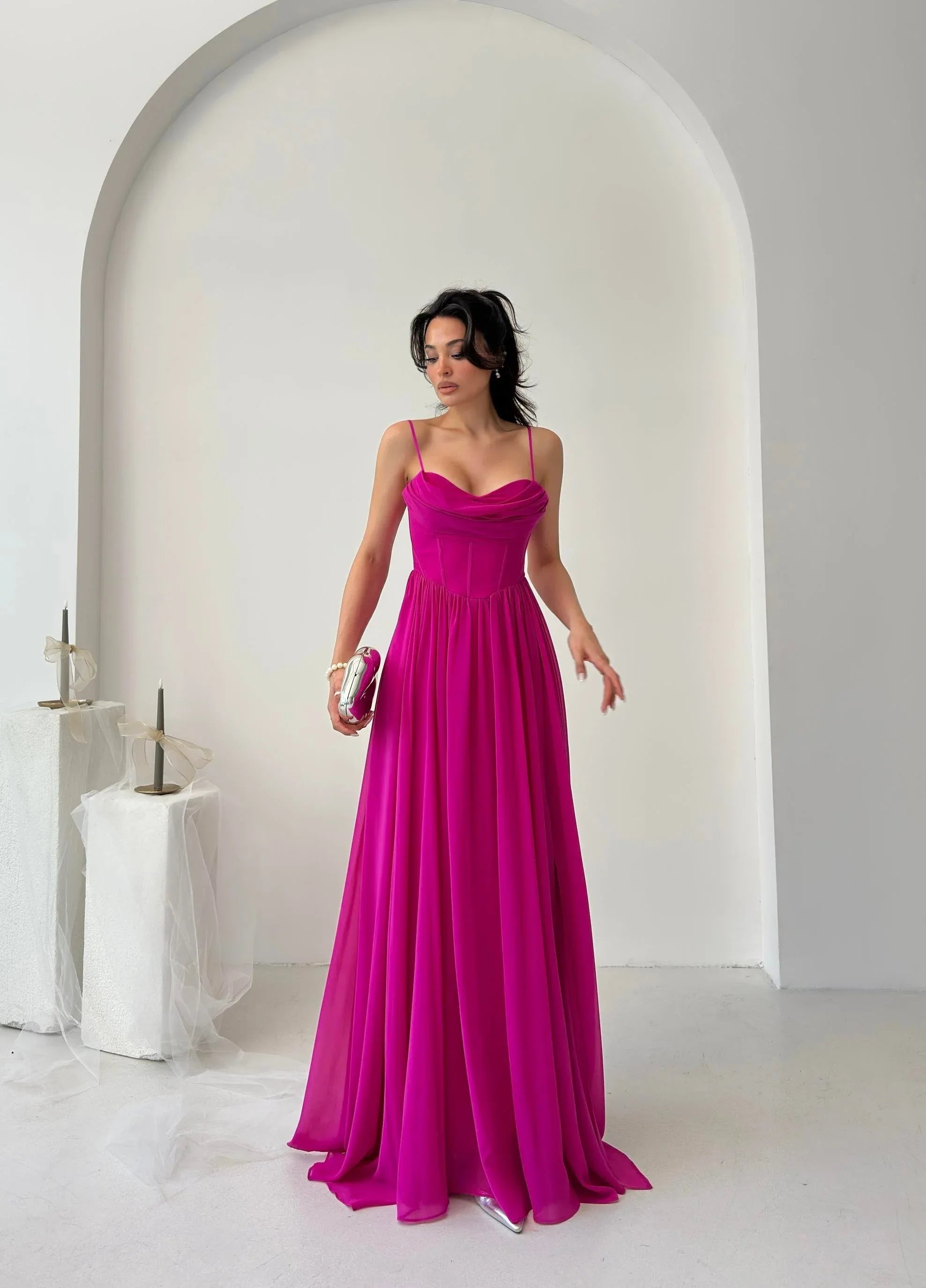Chiffon Corset Slit Maxi Dress - Fuchsia - Mirelline Store