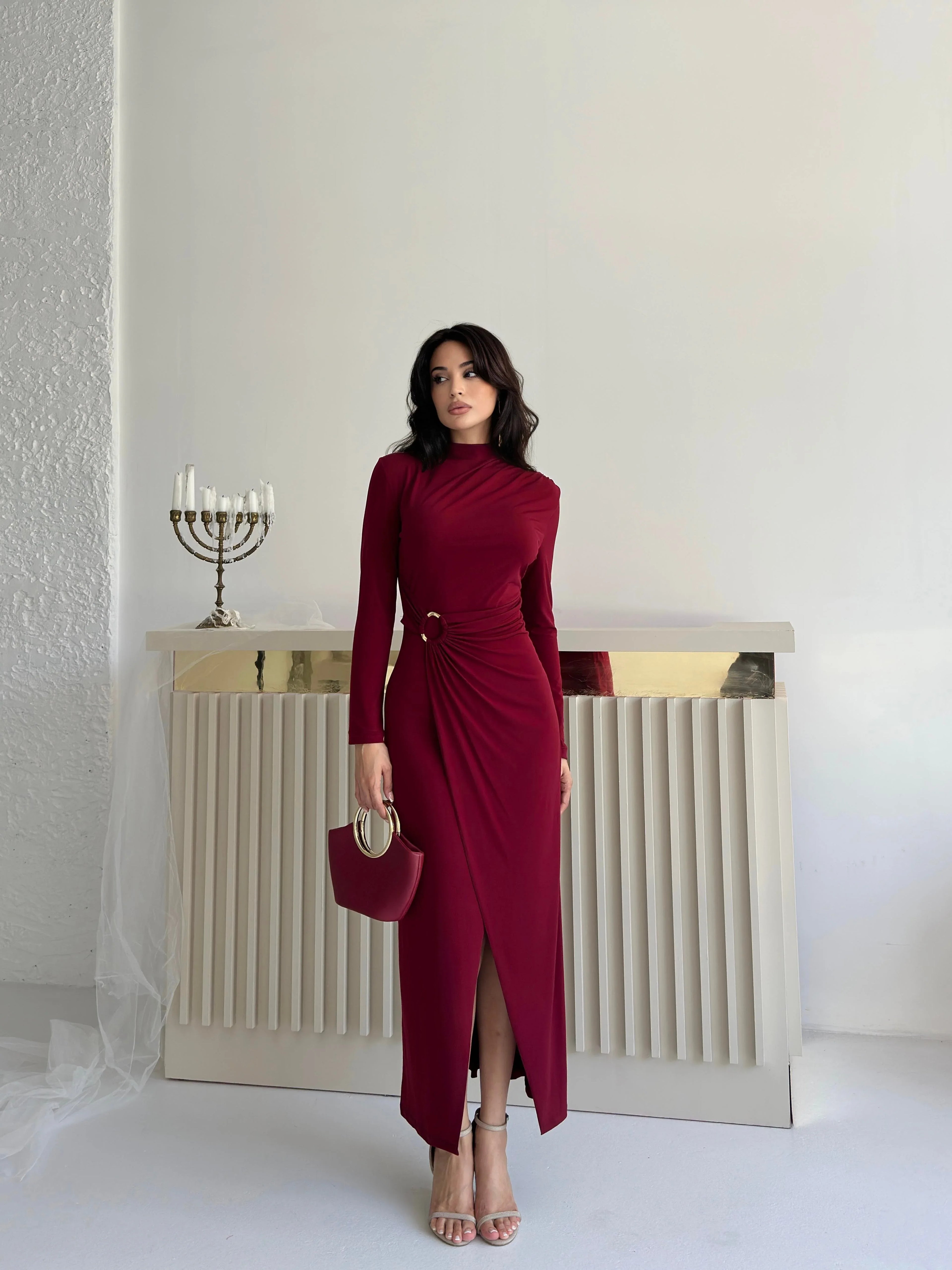 Ruched Mock Neck Maxi Dress - Burgundy - Mirelline Store