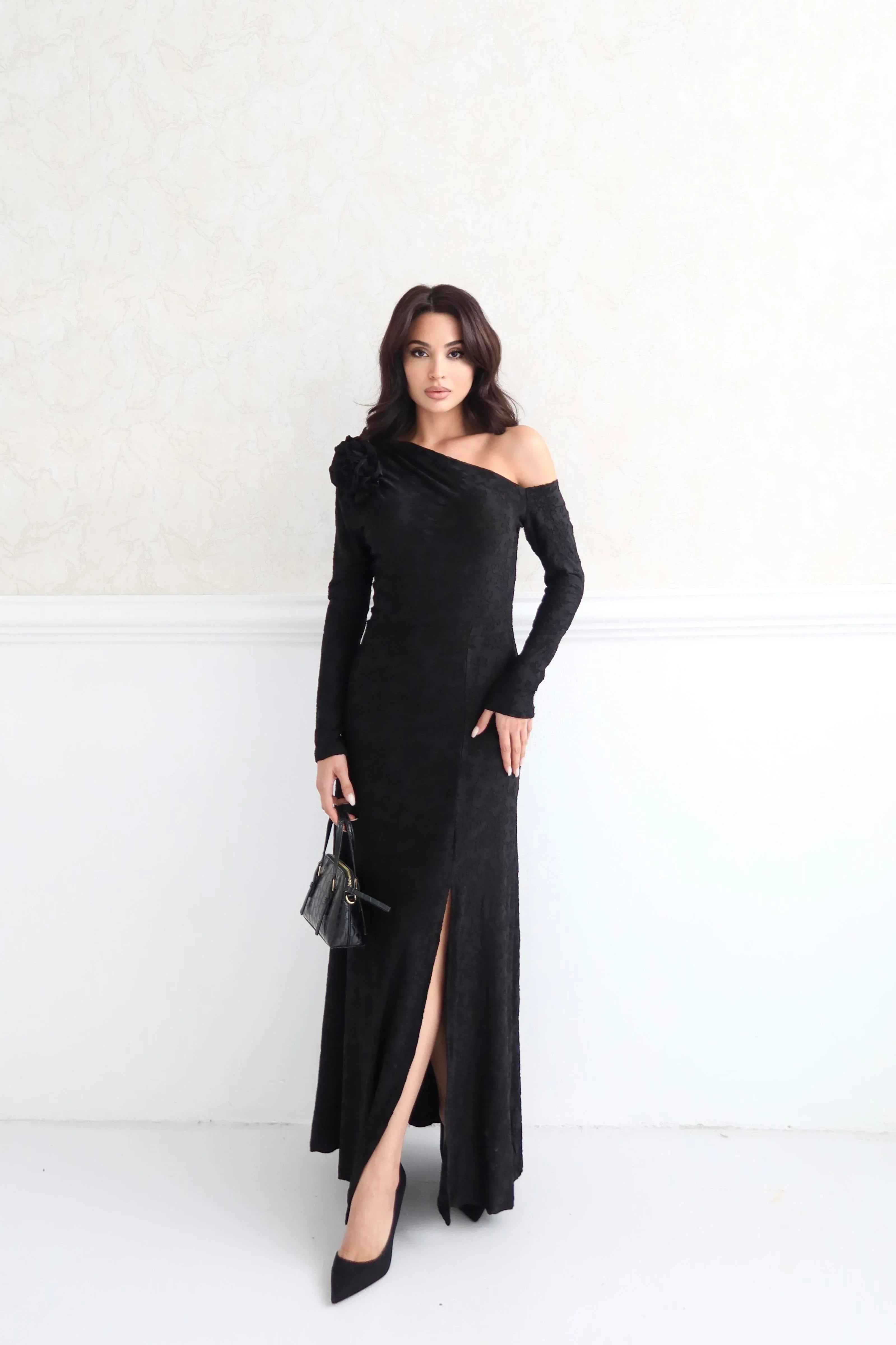 Draped Floral Jacquard One Shoulder Maxi Dress - Black - Mirelline Store