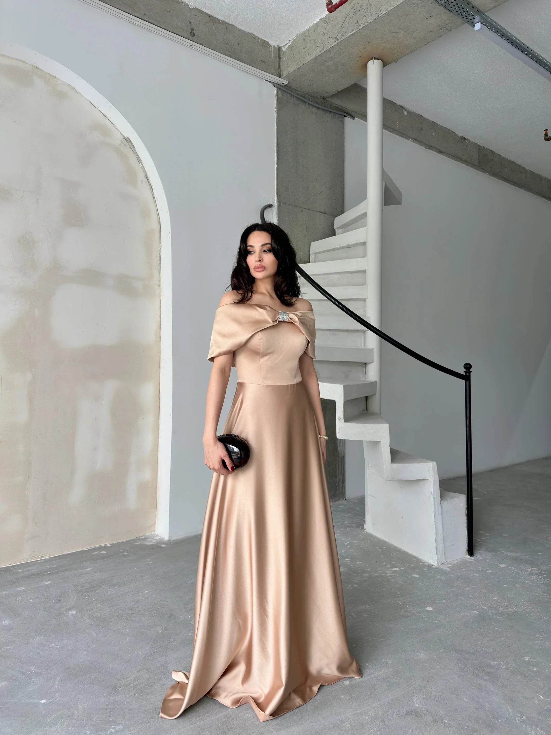 Off-Shoulder Embellished Bow Satin Maxi Dress - Beige - Mirelline Store