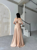 Off-Shoulder Embellished Bow Satin Maxi Dress - Beige - Mirelline Store