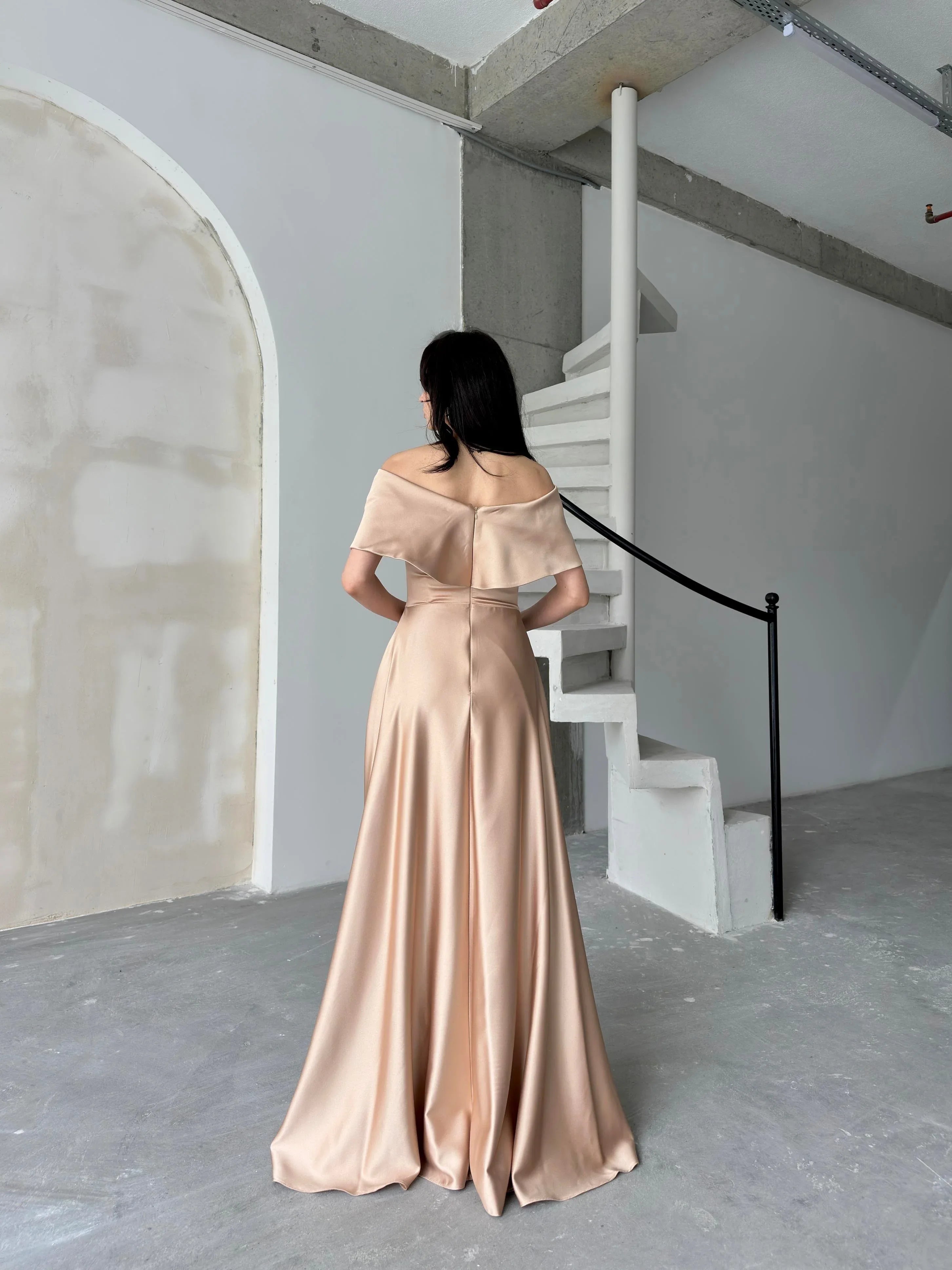 Off-Shoulder Embellished Bow Satin Maxi Dress - Beige - Mirelline Store