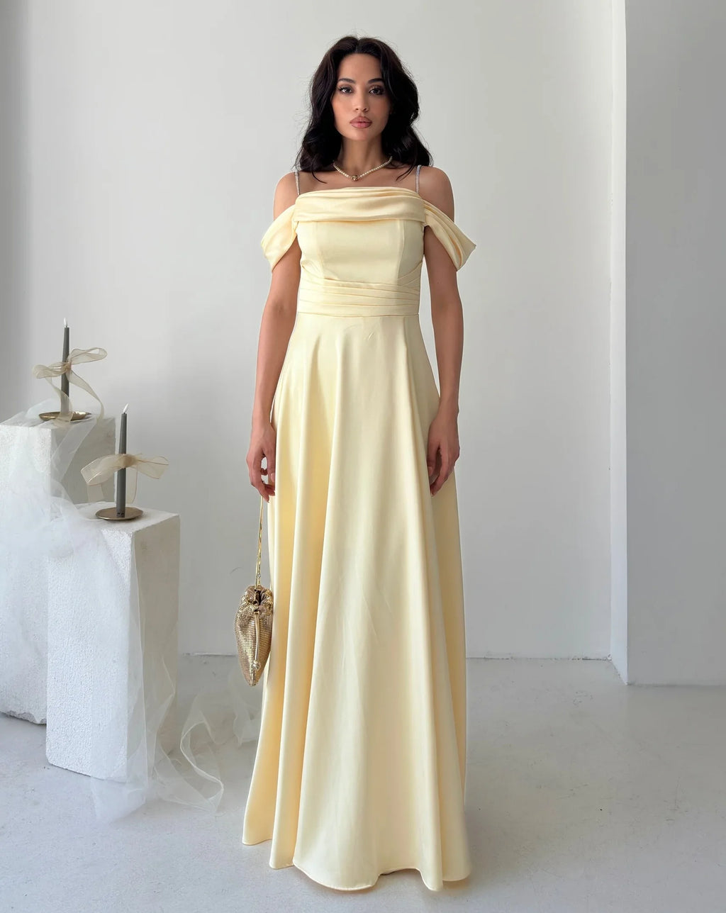 Rhinestone Strap Off-Shoulder Satin Maxi Dress - Yellow - Mirelline Store