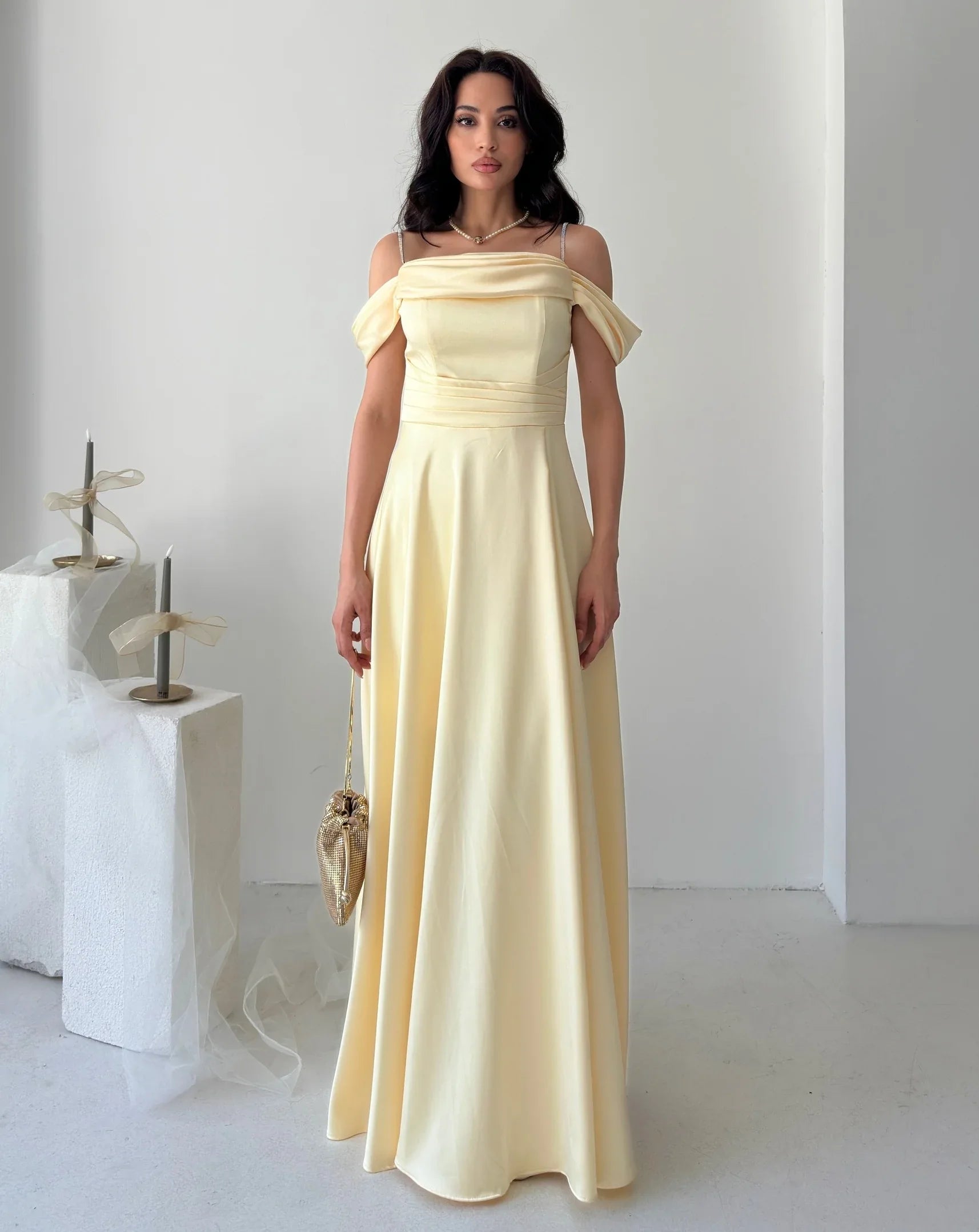 Rhinestone Strap Off-Shoulder Satin Maxi Dress - Yellow - Mirelline Store