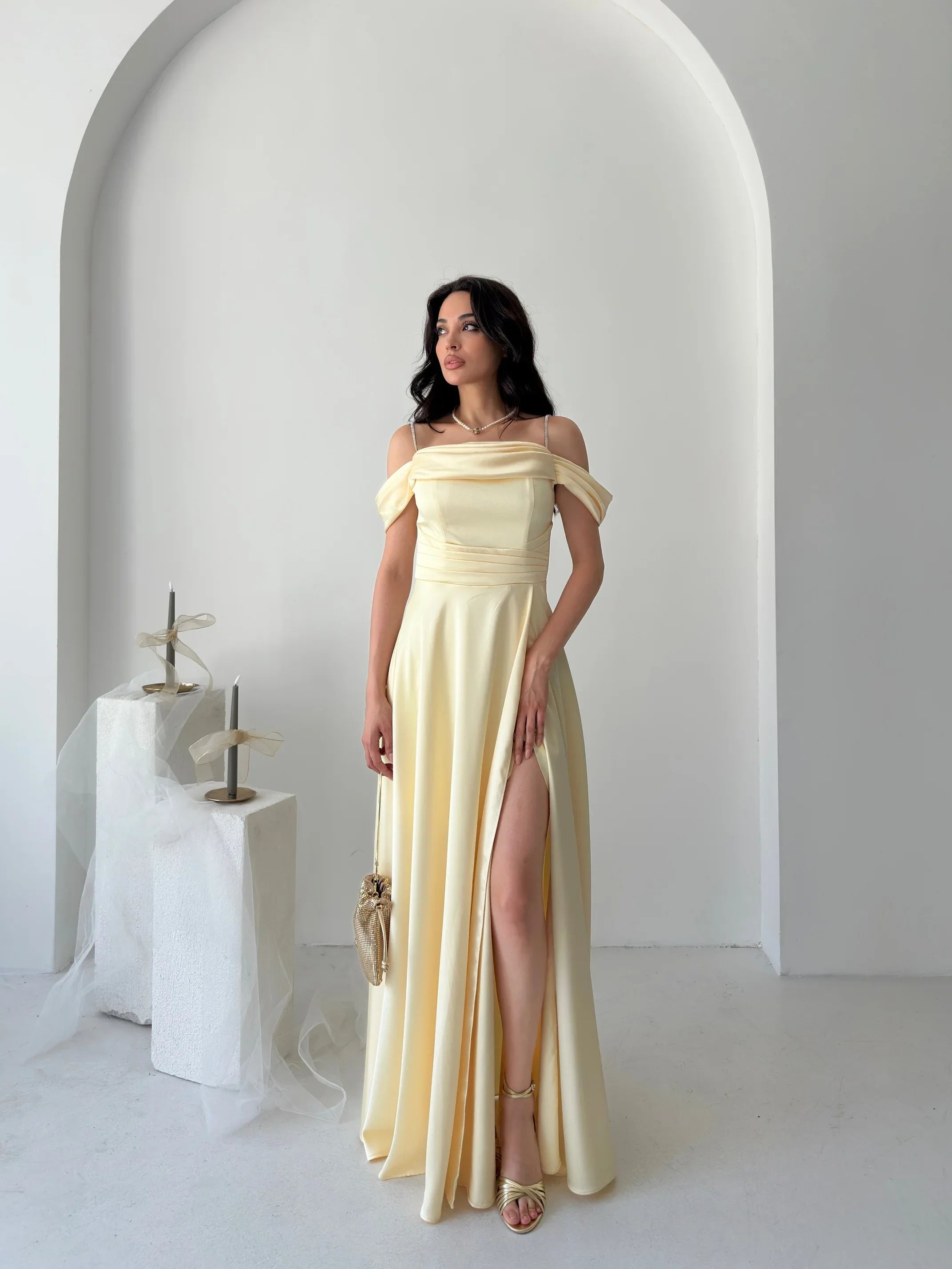 Rhinestone Strap Off-Shoulder Satin Maxi Dress - Yellow - Mirelline Store