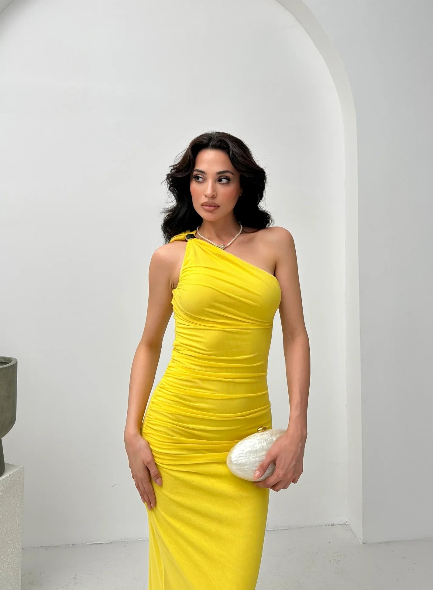 One-Shoulder Ruched Midi Dress - Yellow - Mirelline Store