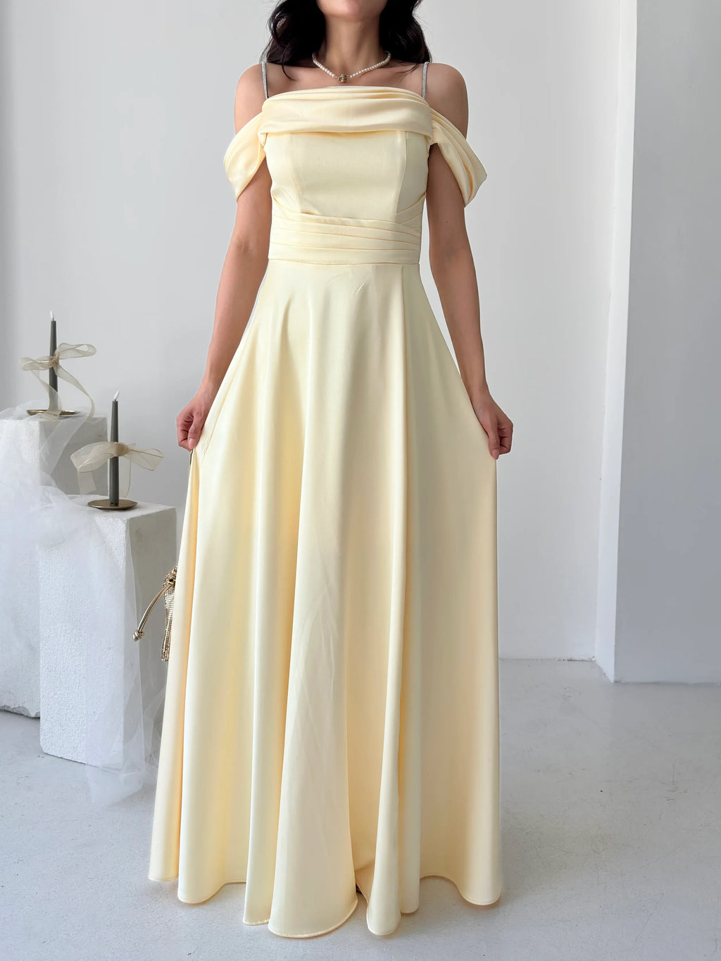 Rhinestone Strap Off-Shoulder Satin Maxi Dress - Yellow - Mirelline Store