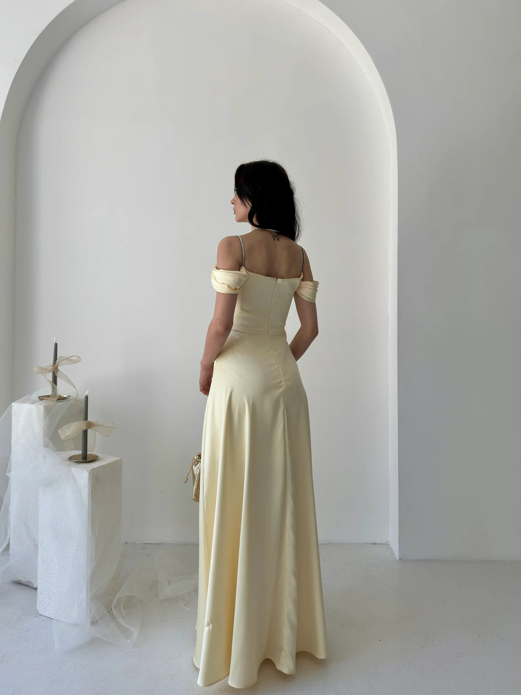 Rhinestone Strap Off-Shoulder Satin Maxi Dress - Yellow - Mirelline Store