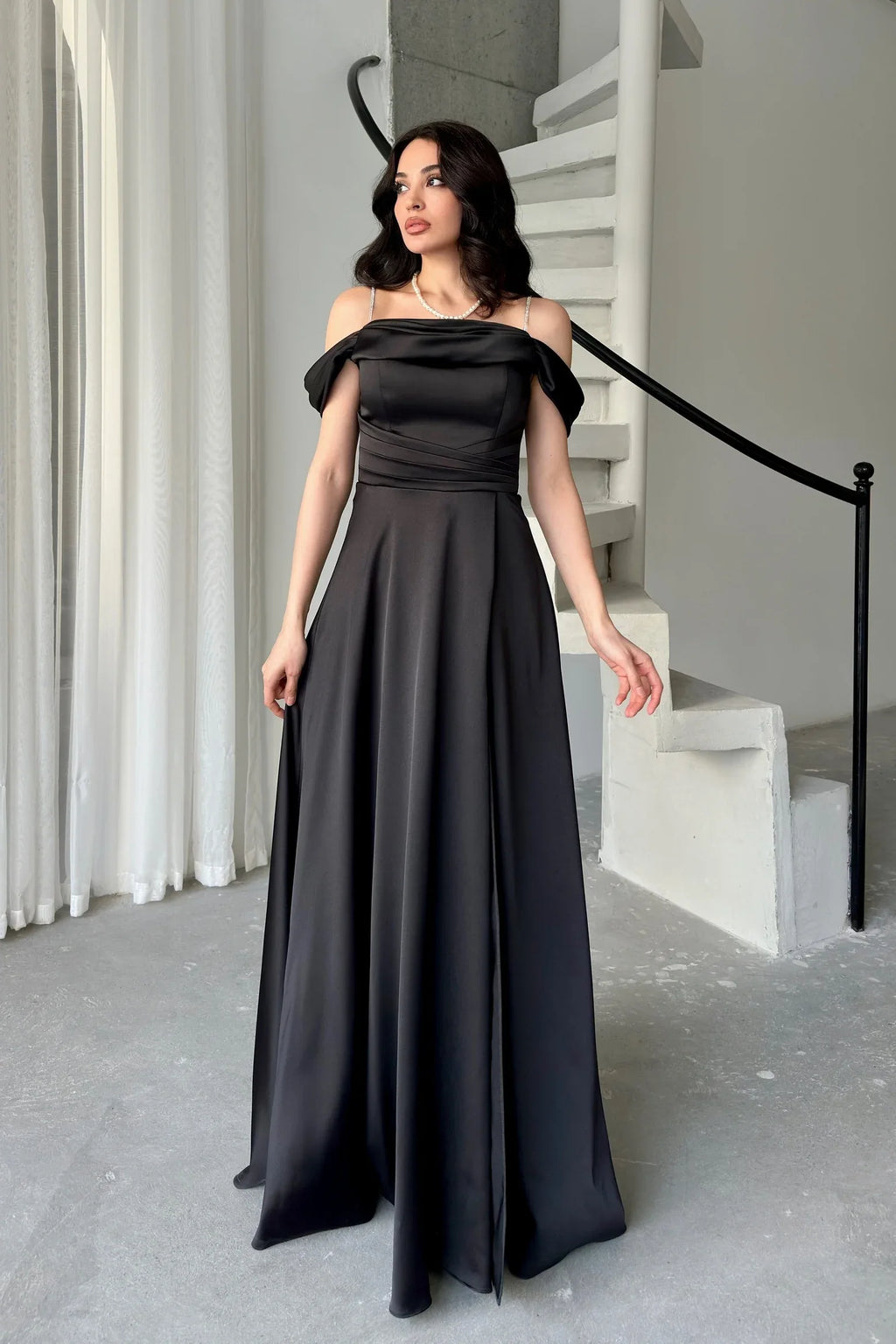 Rhinestone Strap Off-Shoulder Satin Maxi Dress - Black - Mirelline Store