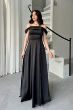 Rhinestone Strap Off-Shoulder Satin Maxi Dress - Black - Mirelline Store