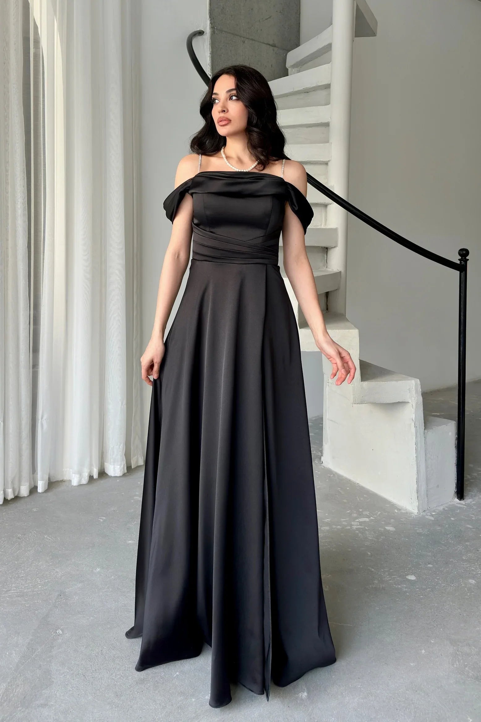 Rhinestone Strap Off-Shoulder Satin Maxi Dress - Black - Mirelline Store
