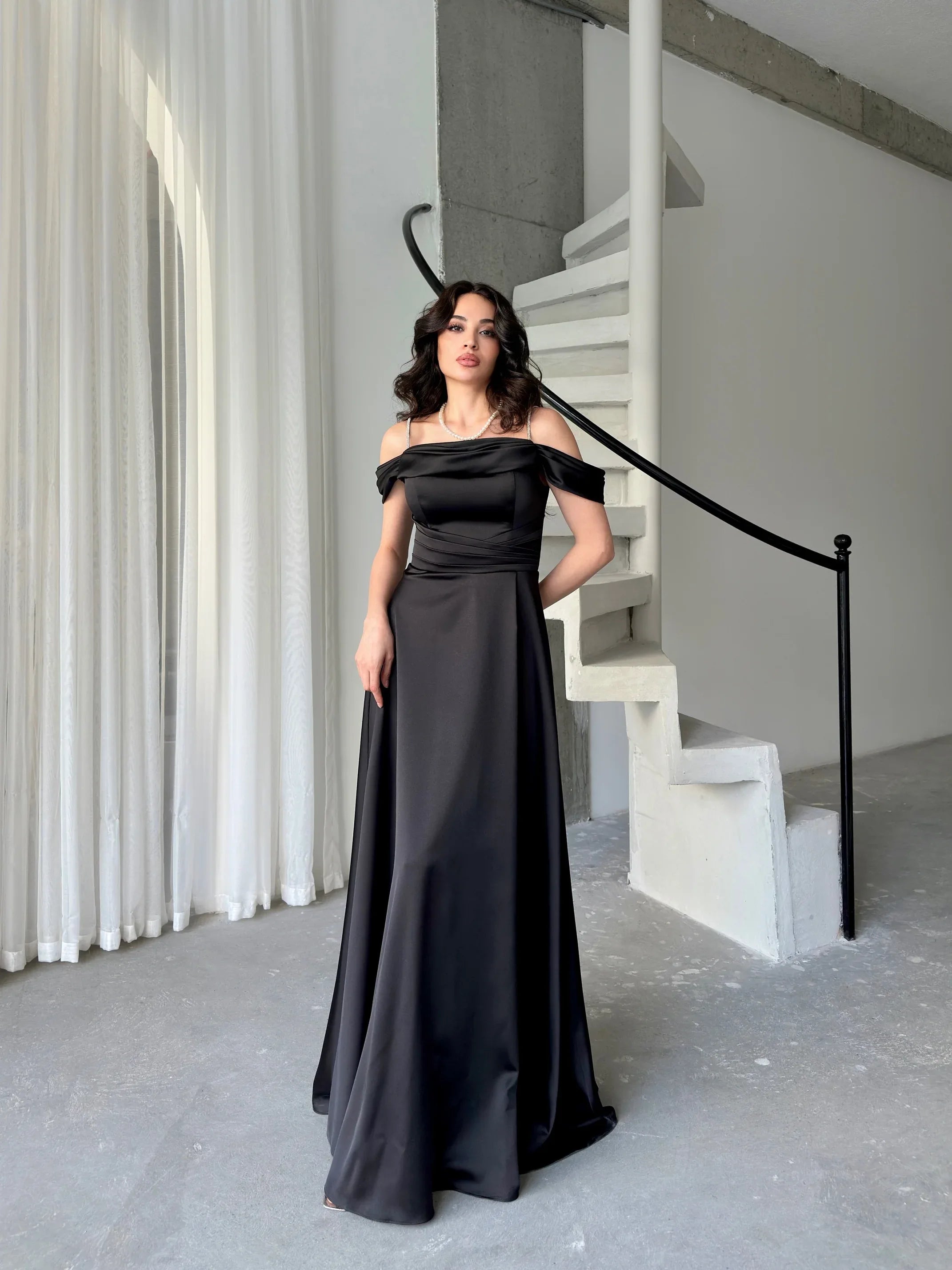 Rhinestone Strap Off-Shoulder Satin Maxi Dress - Black - Mirelline Store