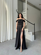 Rhinestone Strap Off-Shoulder Satin Maxi Dress - Black - Mirelline Store
