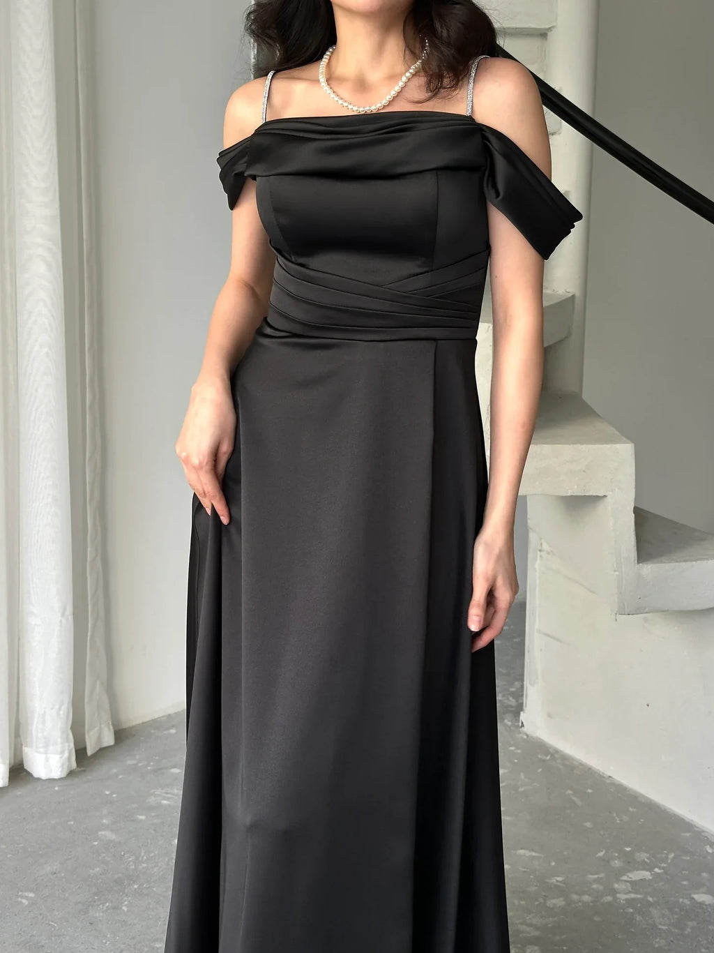 Rhinestone Strap Off-Shoulder Satin Maxi Dress - Black - Mirelline Store