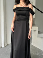 Rhinestone Strap Off-Shoulder Satin Maxi Dress - Black - Mirelline Store