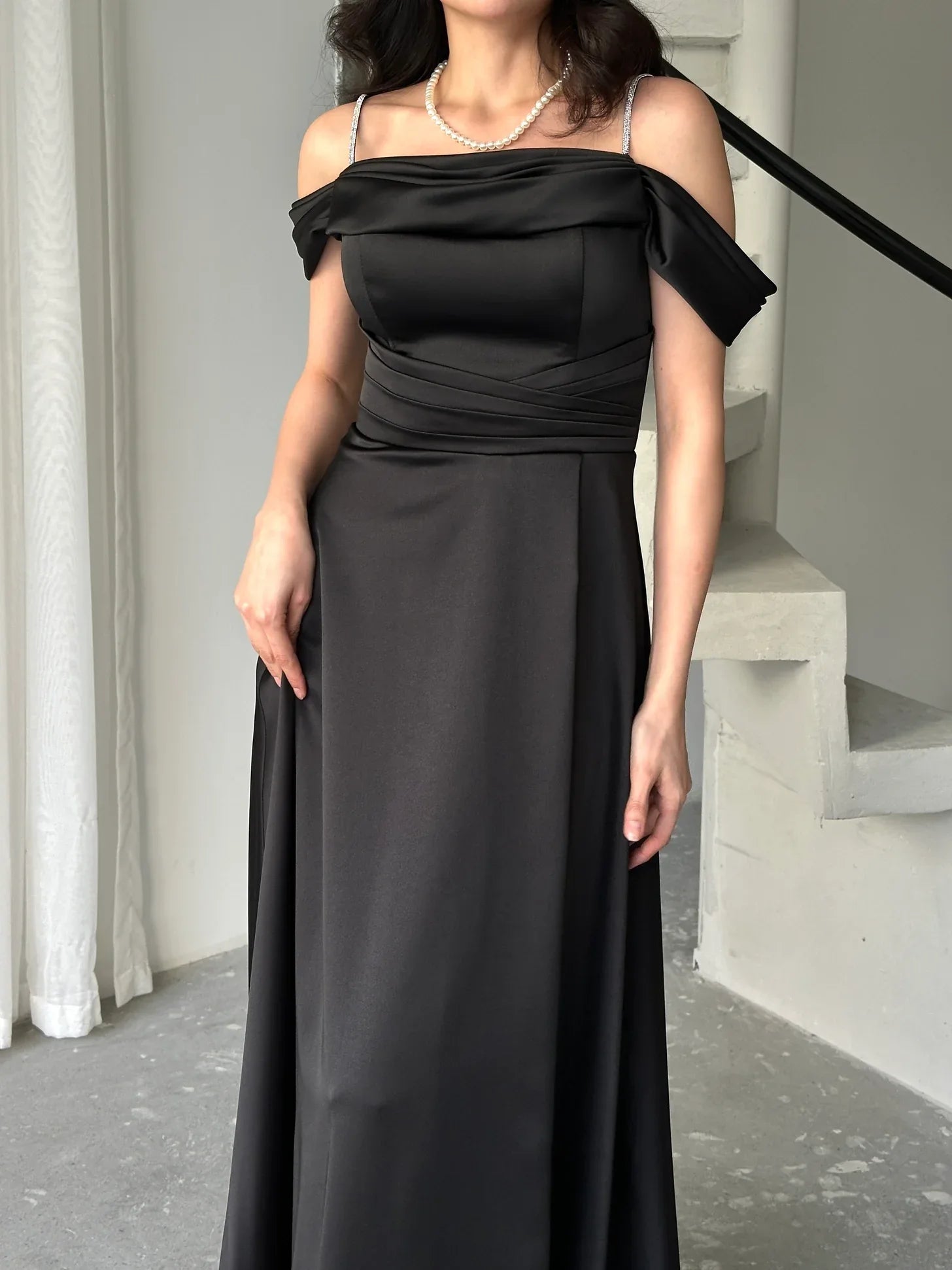 Rhinestone Strap Off-Shoulder Satin Maxi Dress - Black - Mirelline Store