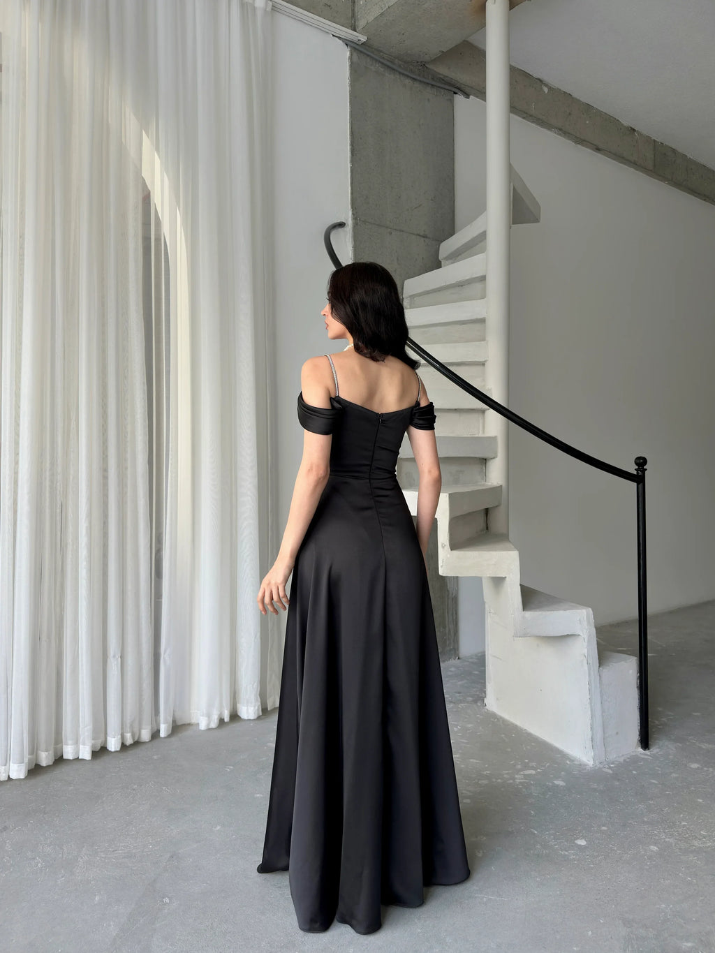 Rhinestone Strap Off-Shoulder Satin Maxi Dress - Black - Mirelline Store