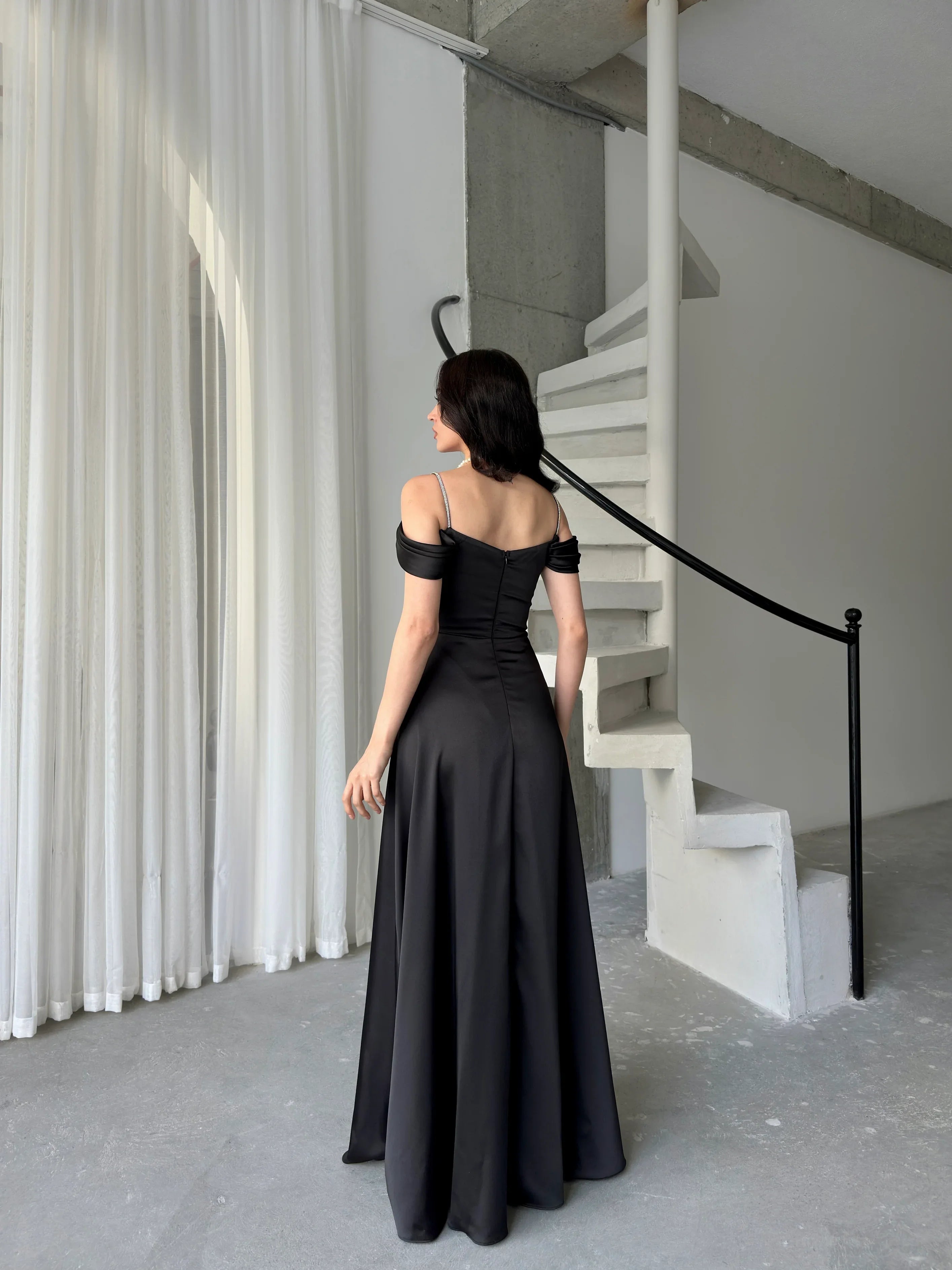 Rhinestone Strap Off-Shoulder Satin Maxi Dress - Black - Mirelline Store