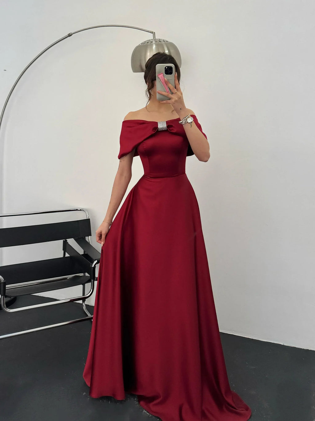 Off-Shoulder Bow Structured Satin Maxi Dress - Burgundy - Mirelline Store