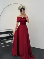 Off-Shoulder Bow Structured Satin Maxi Dress - Burgundy - Mirelline Store