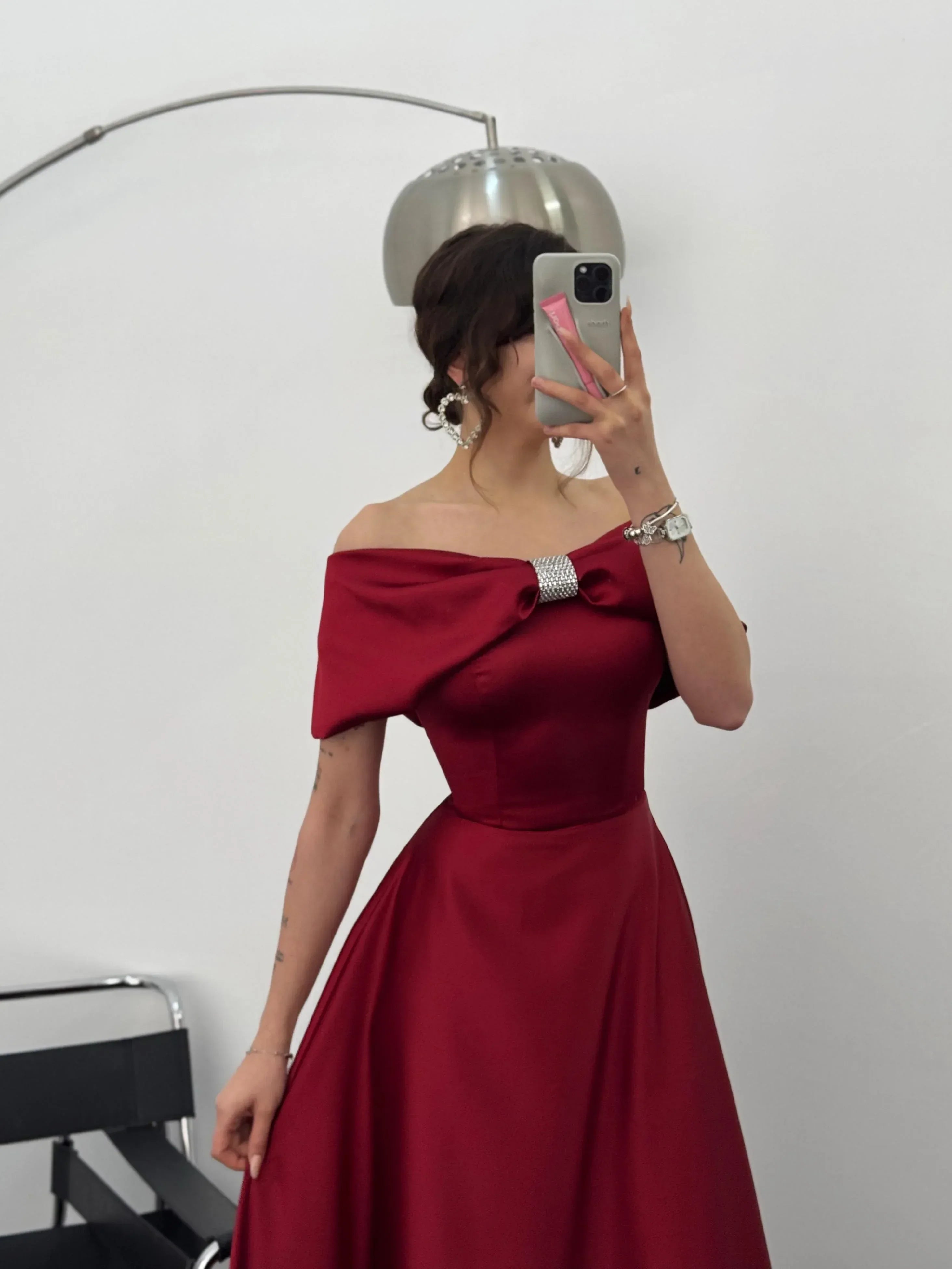 Off-Shoulder Bow Structured Satin Maxi Dress - Burgundy - Mirelline Store