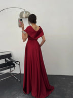 Off-Shoulder Bow Structured Satin Maxi Dress - Burgundy - Mirelline Store