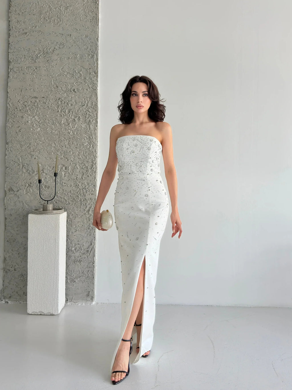 Embroidered Strapless Slit Maxi Dress - White - Mirelline Store