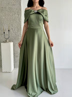 Off-Shoulder Bow Structured Satin Maxi Dress - Olive Green - Mirelline Store