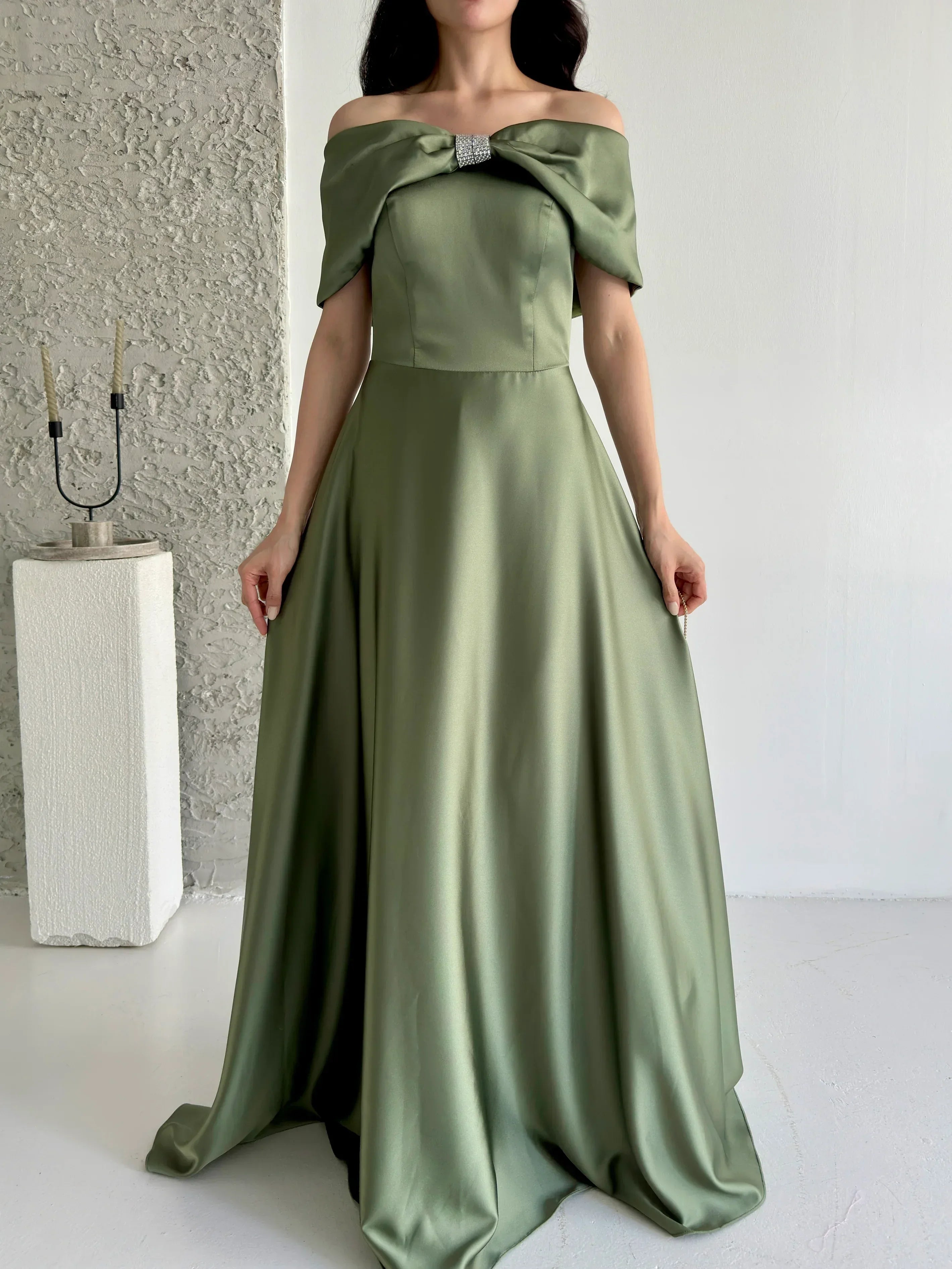 Off-Shoulder Bow Structured Satin Maxi Dress - Olive Green - Mirelline Store