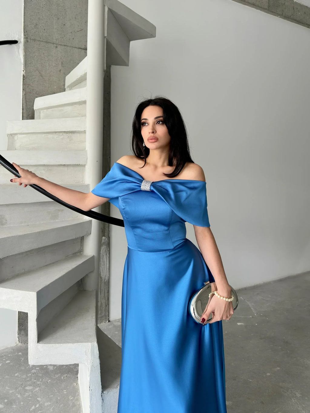 Bow Detail Off-Shoulder Satin Maxi Dress - Blue - Mirelline Store