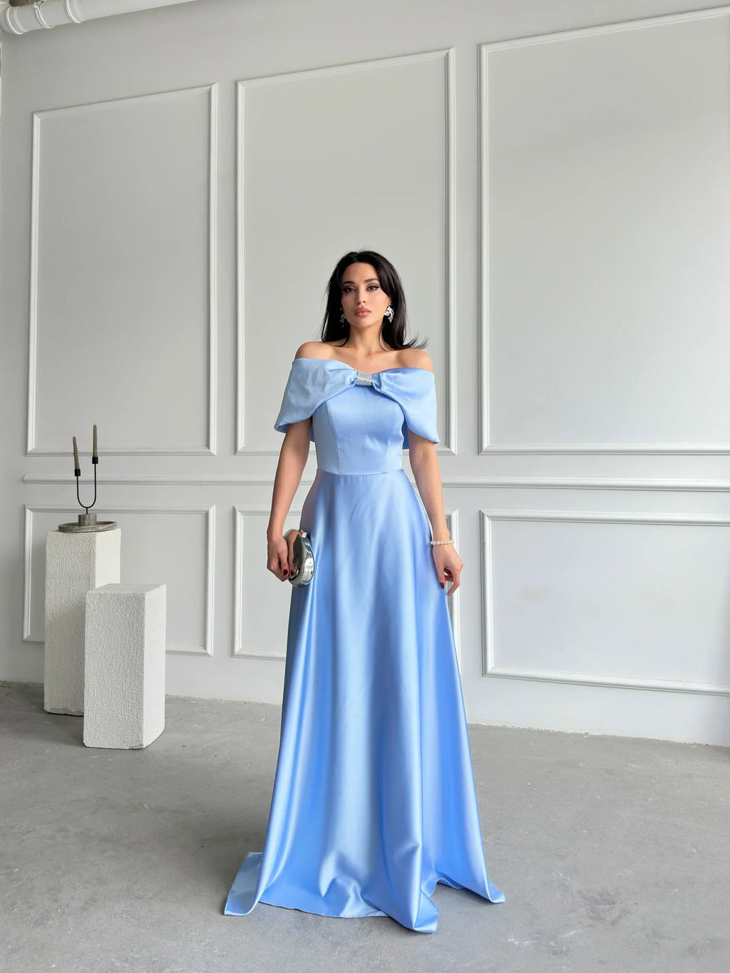 Off-Shoulder Bow Structured Satin Maxi Dress - Baby Blue - Mirelline Store