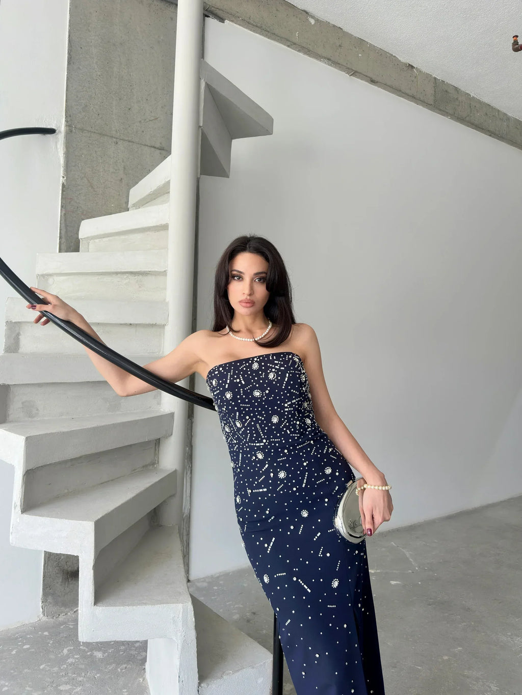 Embroidered Strapless Slit Maxi Dress - Navy - Mirelline Store
