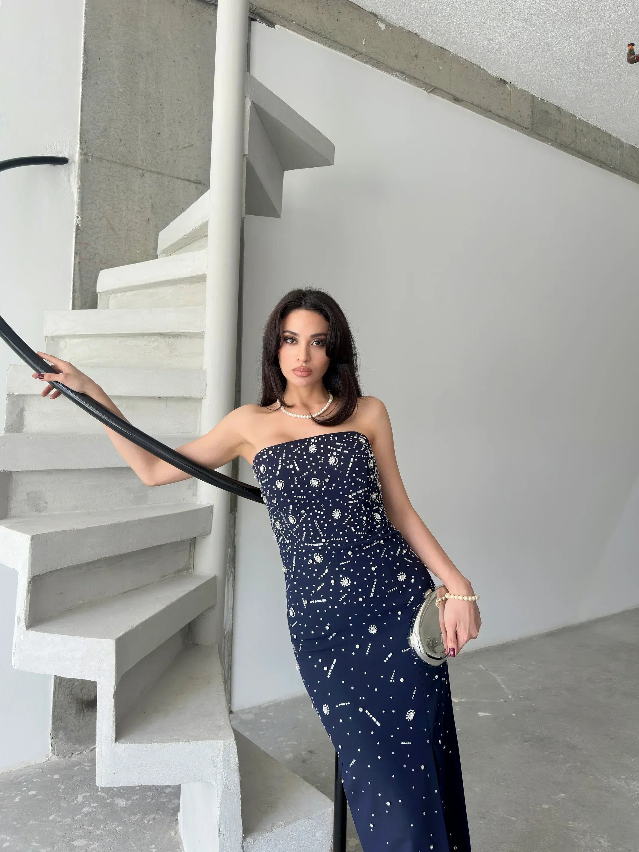 Embroidered Strapless Slit Maxi Dress - Navy - Mirelline Store