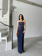 Embroidered Strapless Slit Maxi Dress - Navy - Mirelline Store