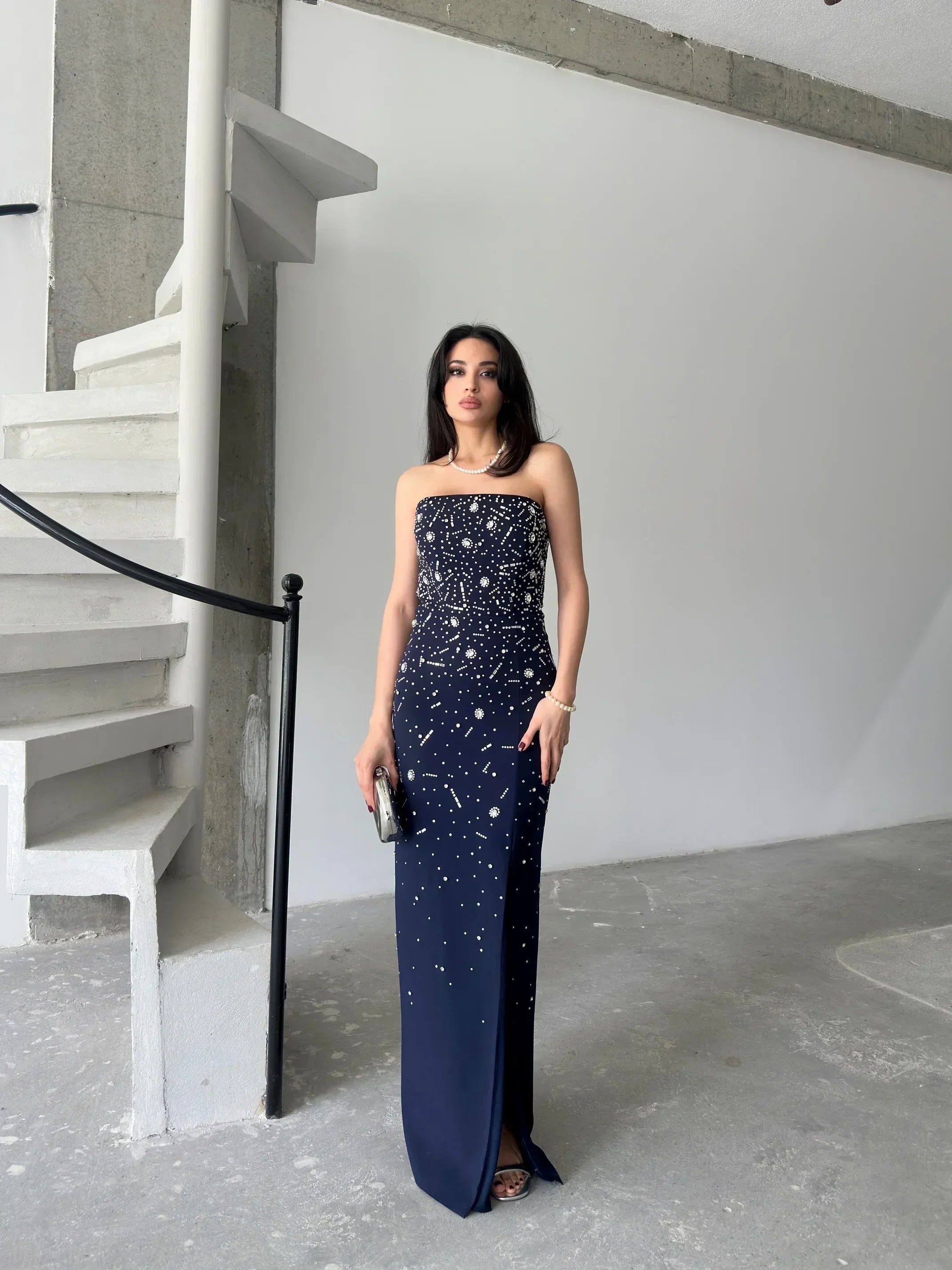 Embroidered Strapless Slit Maxi Dress - Navy - Mirelline Store