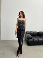Embroidered Strapless Slit Maxi Dress - Black - Mirelline Store