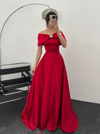 Off-Shoulder Bow Structured Satin Maxi Dress - Red - Mirelline Store