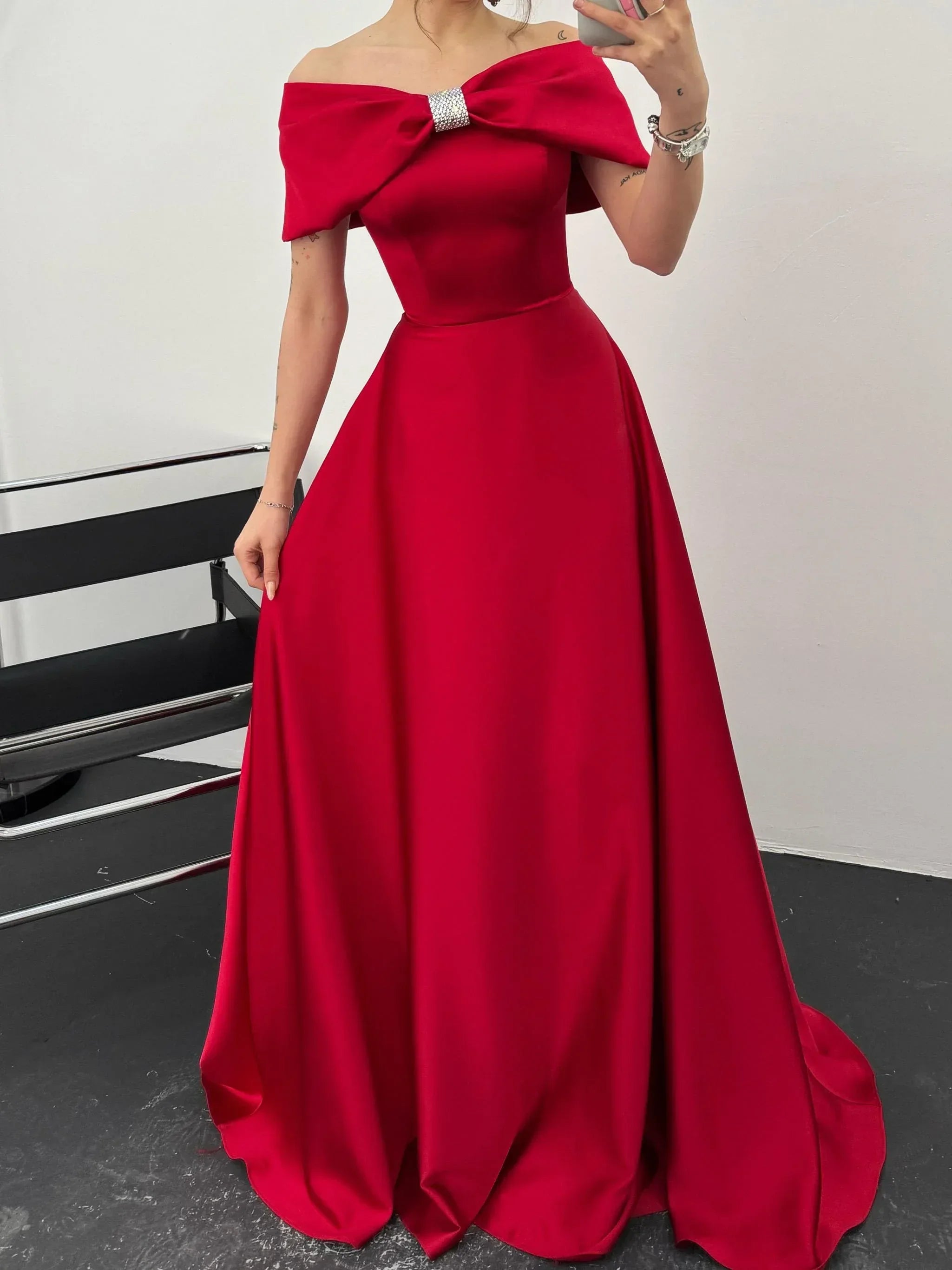 Off-Shoulder Bow Structured Satin Maxi Dress - Red - Mirelline Store