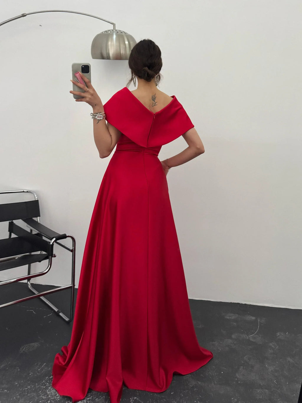 Off-Shoulder Bow Structured Satin Maxi Dress - Red - Mirelline Store