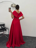 Off-Shoulder Bow Structured Satin Maxi Dress - Red - Mirelline Store