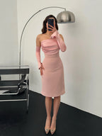 Detachable Sleeve Satin Midi Dress - Powder Pink - Mirelline Store