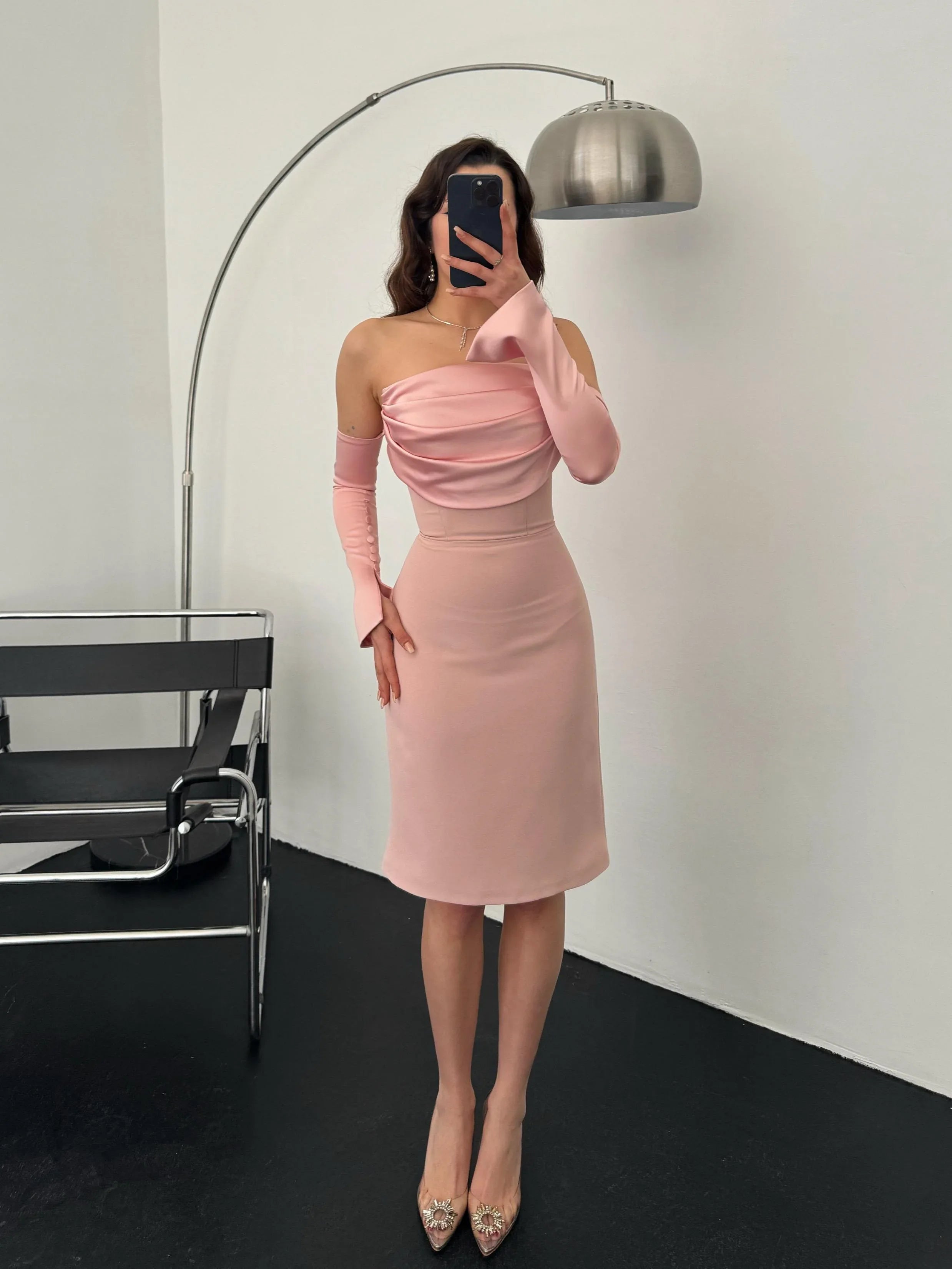 Detachable Sleeve Satin Midi Dress - Powder Pink - Mirelline Store