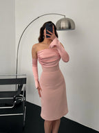 Detachable Sleeve Satin Midi Dress - Powder Pink - Mirelline Store
