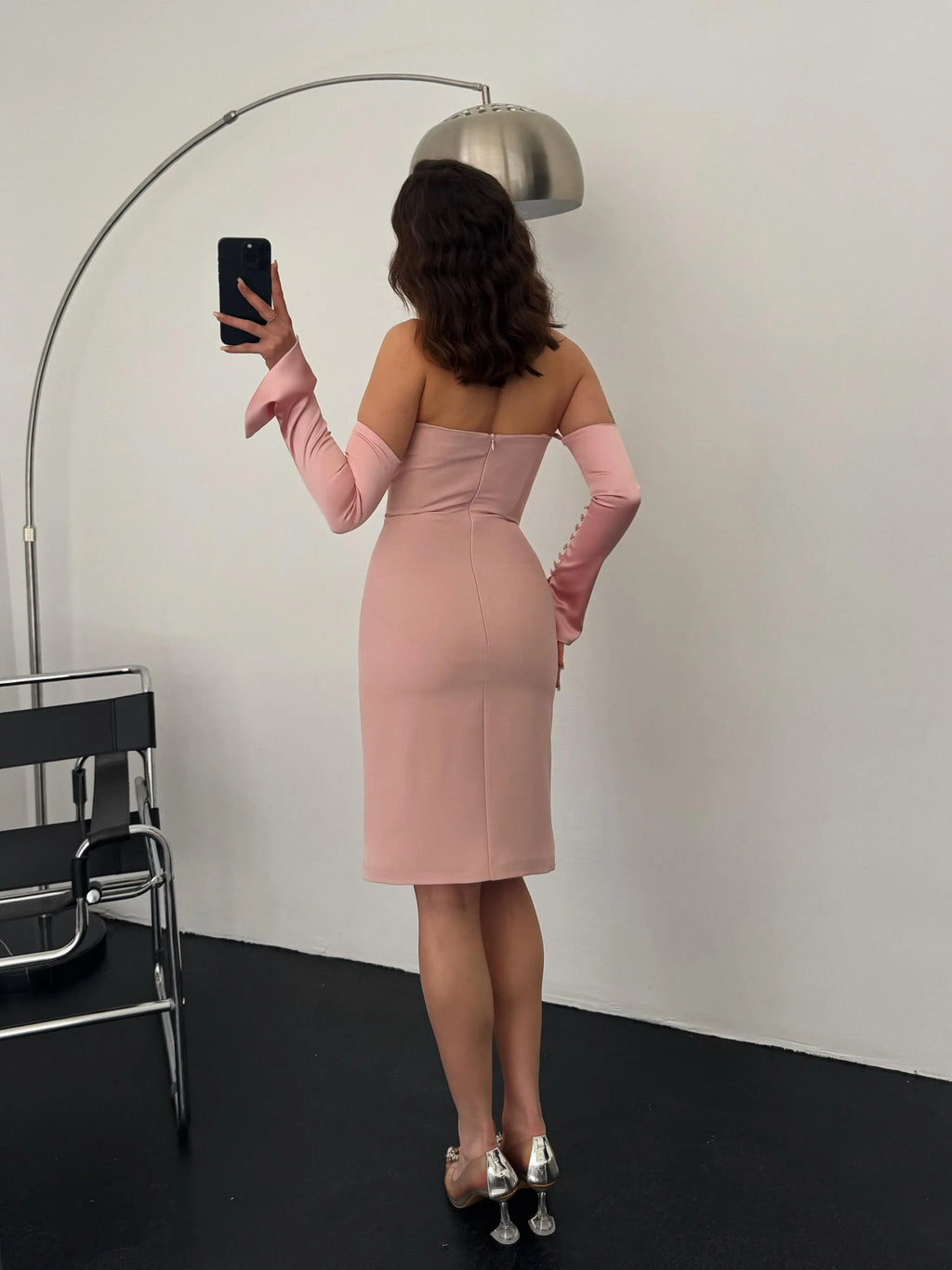 Detachable Sleeve Satin Midi Dress - Powder Pink - Mirelline Store