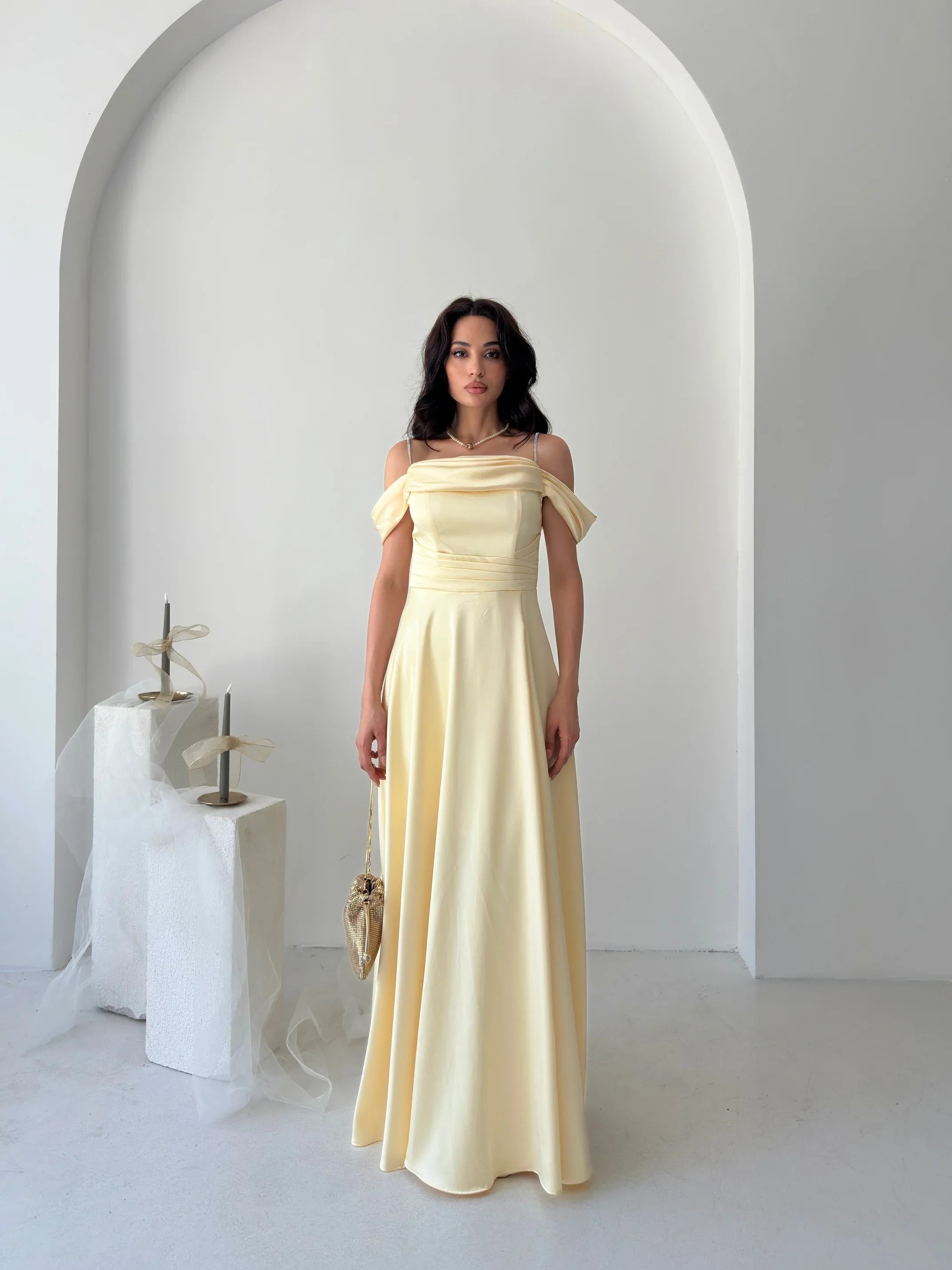 Rhinestone Strap Off-Shoulder Satin Maxi Dress - Yellow - Mirelline Store