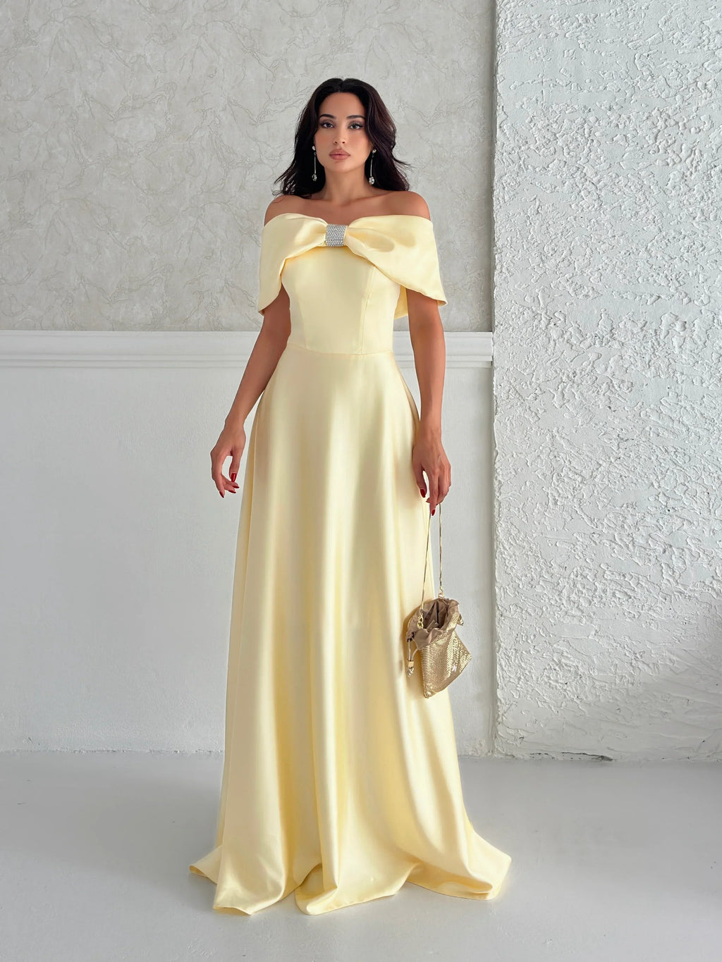 Off-Shoulder Bow Structured Satin Maxi Dress - Pale Yellow - Mirelline Store